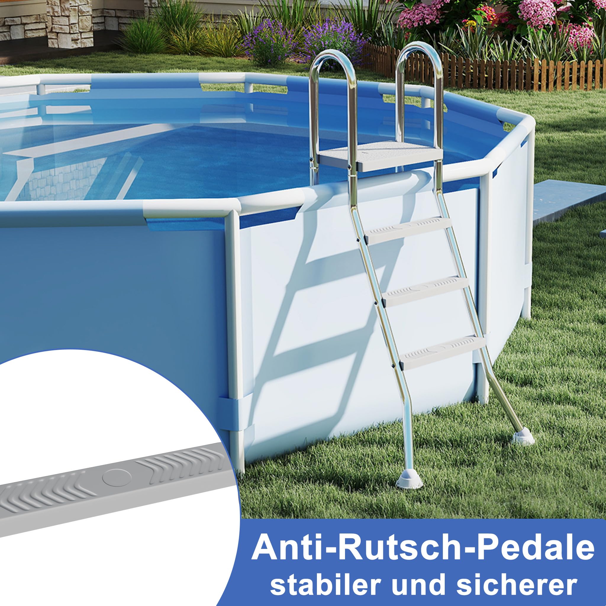 Froadp Edelstahl Poolleiter mit 4 Rutschfesten Stufen,Pooltreppe,Schwimmbadleiter bis 150 kg Belastbar, Einstiegsleiter für Pool und Schwimmbecken Höhe bis zu 135 cm,Silber