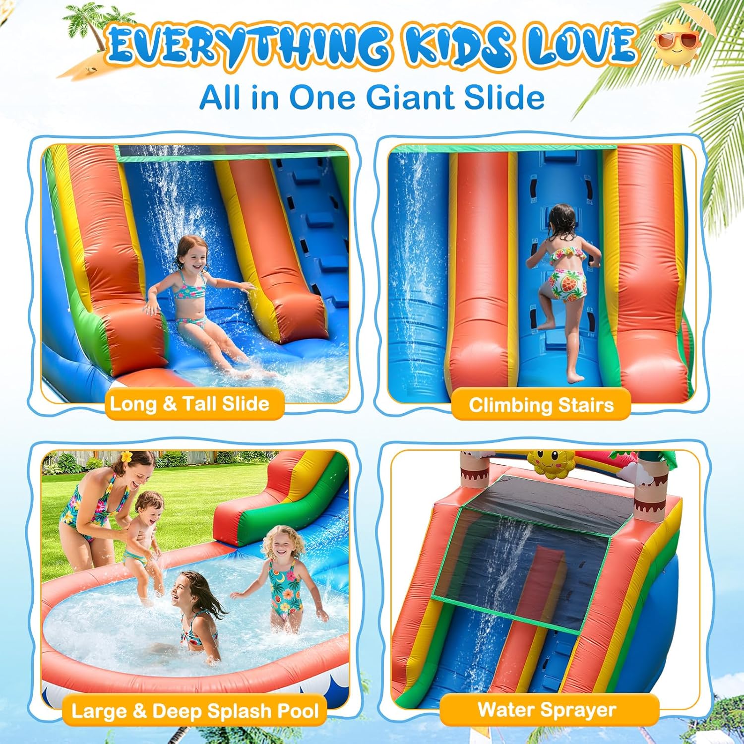Tropical Inflatable Water Slide for Kids & Adults – 21FT Giant Blow Up Pool Slide with Climbing Wall, Splash Pool, Palm Tree Theme – Wet & Dry Use, 950W Blower, Backyard Summer Fun