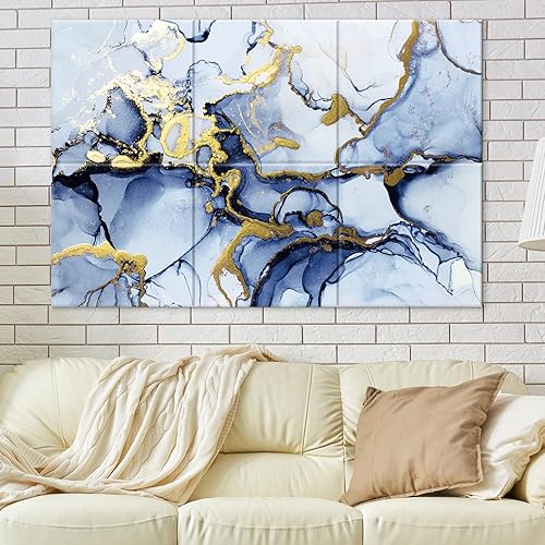 Miniatura 1 de JBER Arte de pared para sala de estar, pintura abstracta texturizada azul sobre tablero de fibra, 6 paneles empalmados en una gran imagen