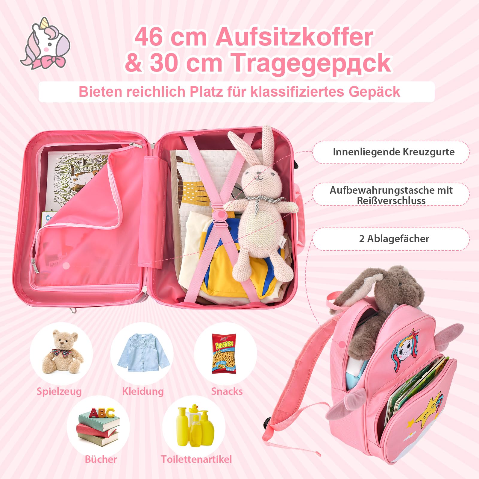 COSTWAY 2-częściowy zestaw bagażu dziecięcego + plecak, walizka 12"+18" na kółkach z wodoodporną twardą obudową, dziecięcy bagaż z paskiem, liną i podnóżkami, walizka na kółkach dla chłopców i