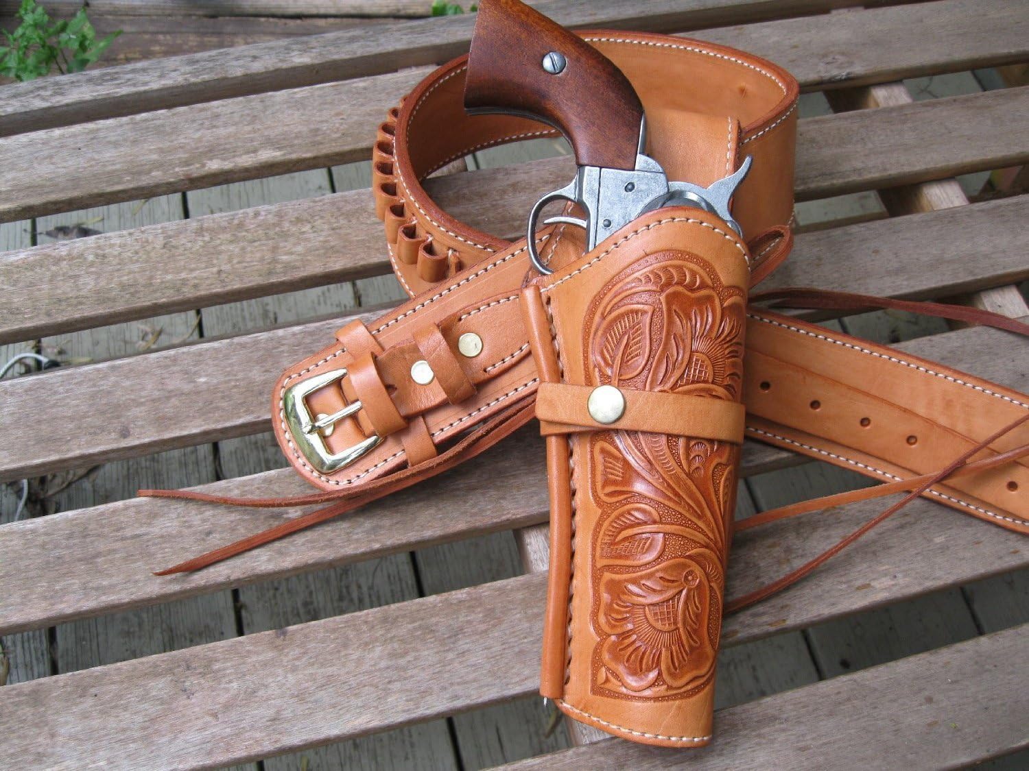 Natural Leather .45 Caliber Gun Belt and Right Handed Tooled Holster Combination