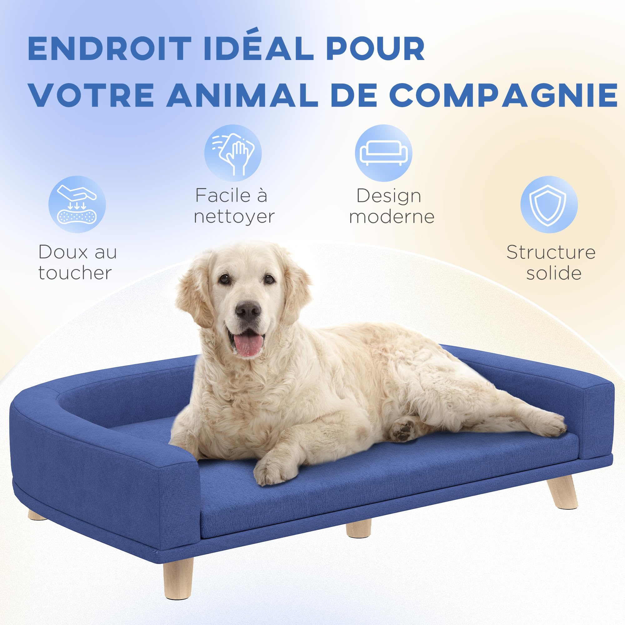 PawHut Canapé Chien, Lit pour Chien avec Coussin Déhoussable et Housse Lavable, Design Scandinave en Tissu Polyester avec Pieds en Bois, 98 x 67 x 25 cm, Bleu