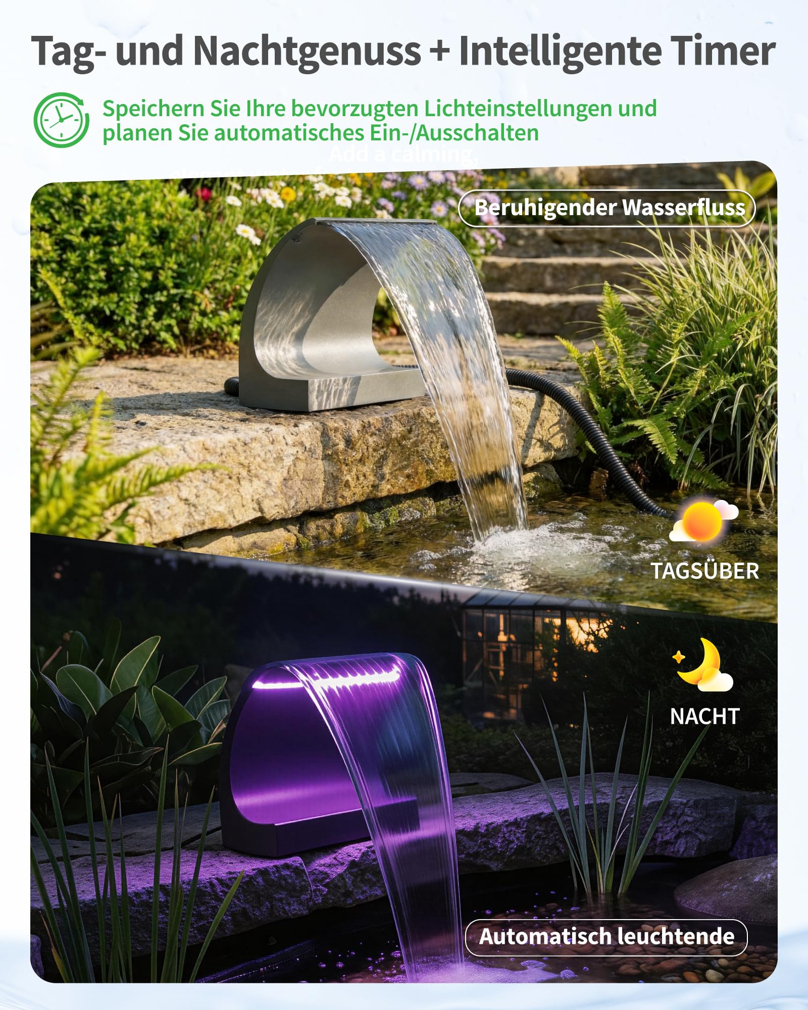 POPOSOAP 200C Ensemble de cascade pour étang avec débordement, sortie en acier inoxydable de 20 cm, pompe à eau pour étang de 4500 l/h avec lumières LED, tout-en-un pour étangs de jardin, piscines et