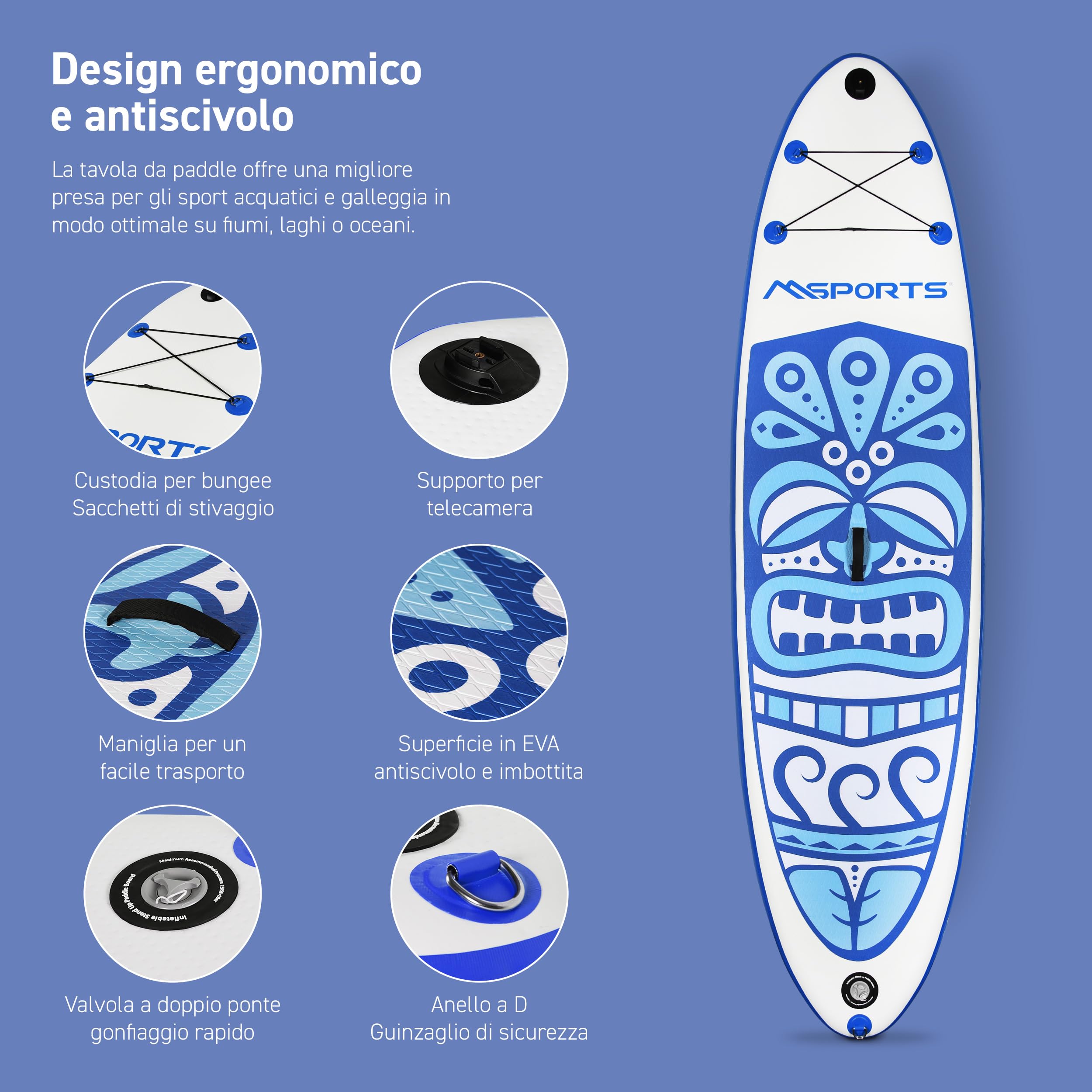 MSPORTS Paddle Board Completo Inflatable Con Accessori - Dettaglio