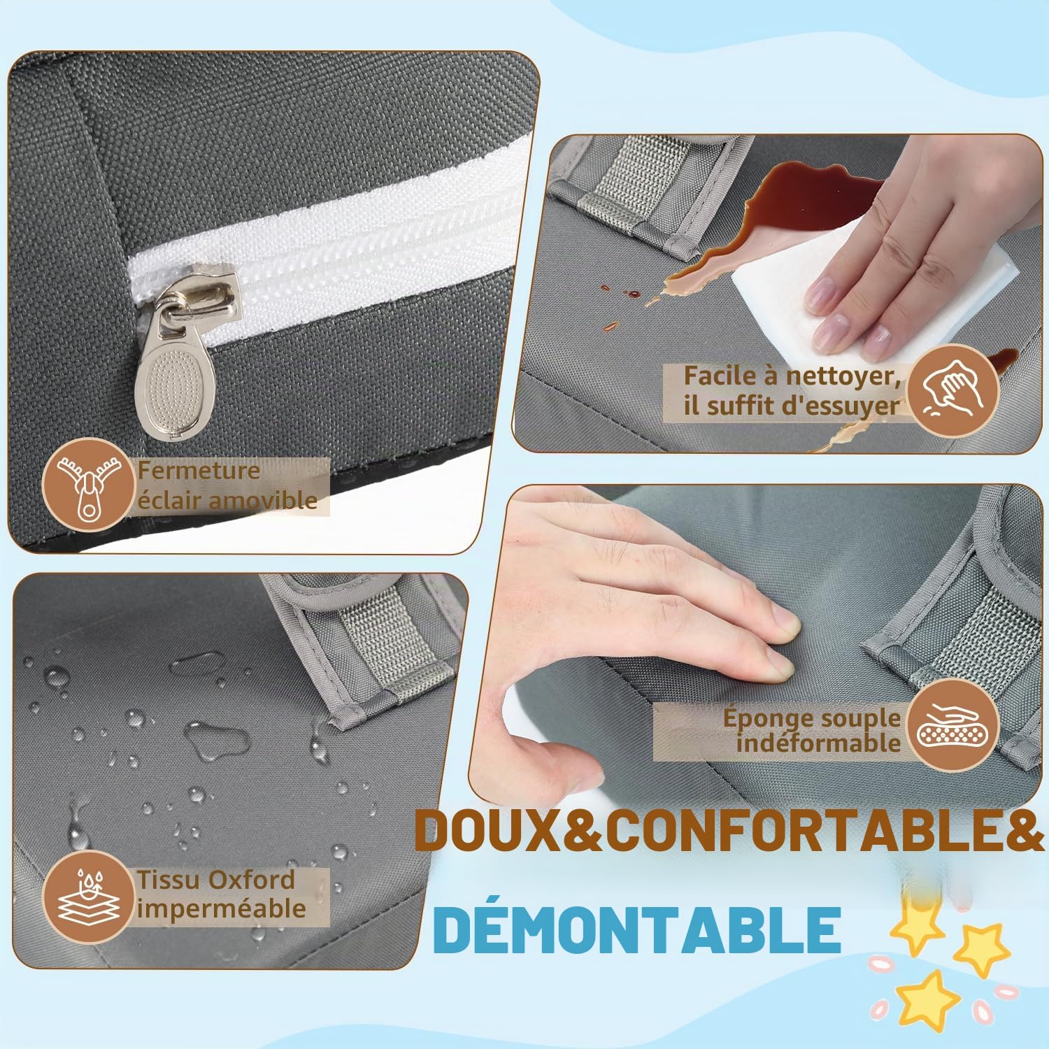 Rehausseur de chaise pour enfant, harnais à 5 points, pliable, coussin d'assise portable avec dossier, imperméable et facile à nettoyer, sac de rangement inclus, gris