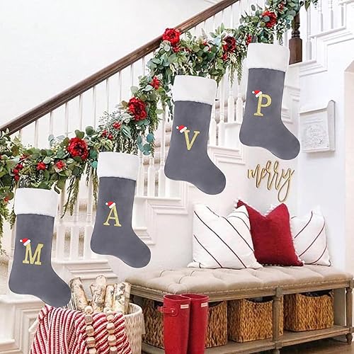 Miniatura 6 de AUAWMLK Calcetines de Navidad bordados con letras de 20 pulgadas, terciopelo gris grueso con puño de felpa súper suave, decoración de festivales