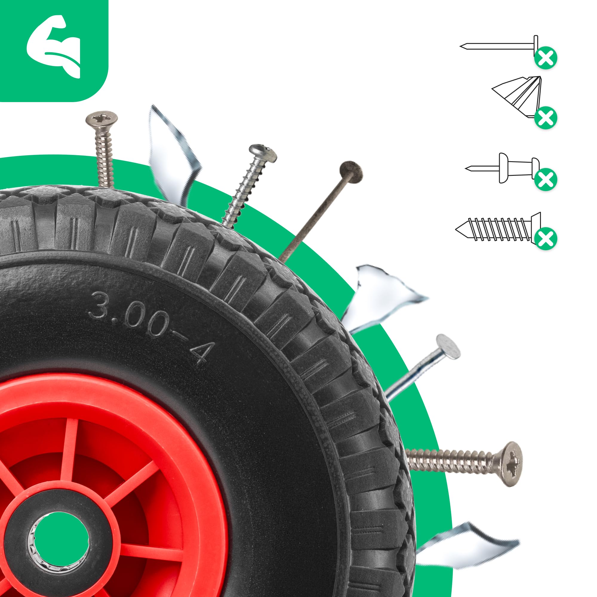 MOOVMOOV 2x Roues Diables Increvables 3.00-4 (260x85 mm) - Alésage 20mm - Pour Diable, Chariot et Autres. Pneu Plein avec jante PVC - Inclus Bagues de Serrage avec Clé Allen + Calottes Autobloquantes