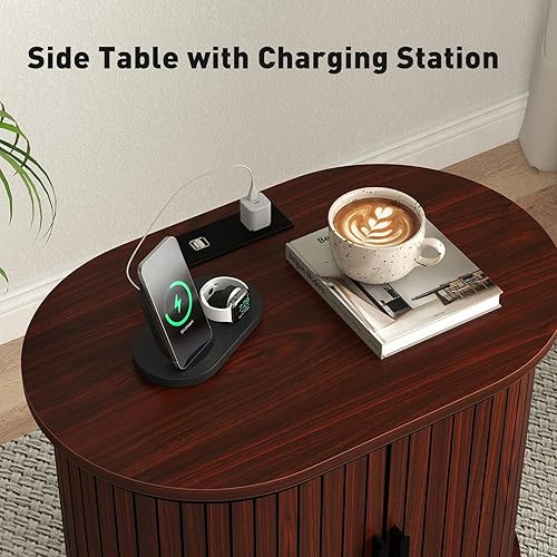 Miniatura 4 de Bonzy Home Mesita de noche redonda, mesa auxiliar acanalada, mesita de noche moderna de mediados de siglo con estación de carga, mesa auxiliar con