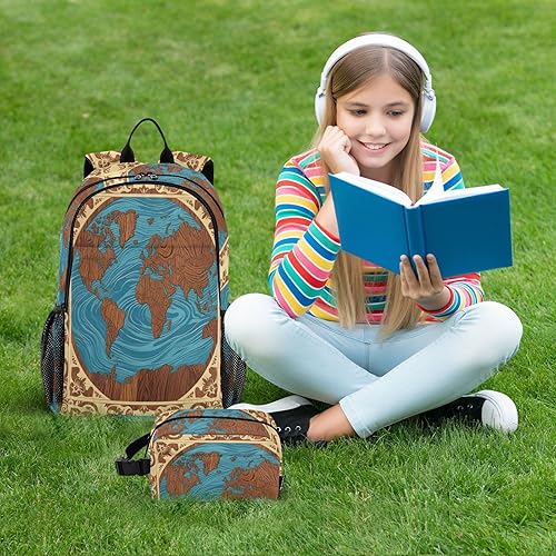 Miniatura 7 de Mochila de mapa del mundo antiguo para la escuela con bolsa de almuerzo Mochila escolar para niños con lonchera 10-12 mochilas y loncheras escolares