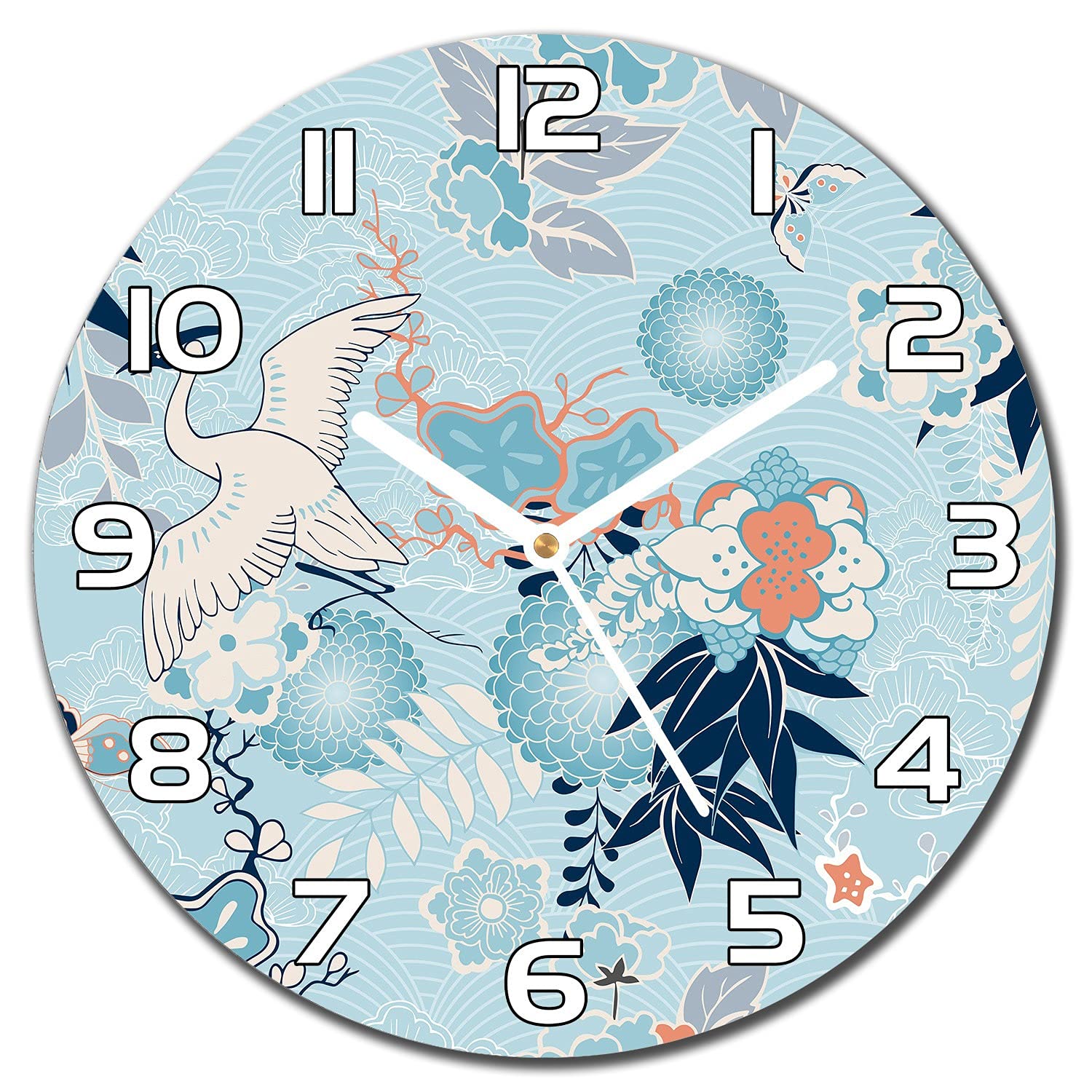 Horloge en verre 30 cm fleurs de style oriental à aiguilles blanches de Coloray