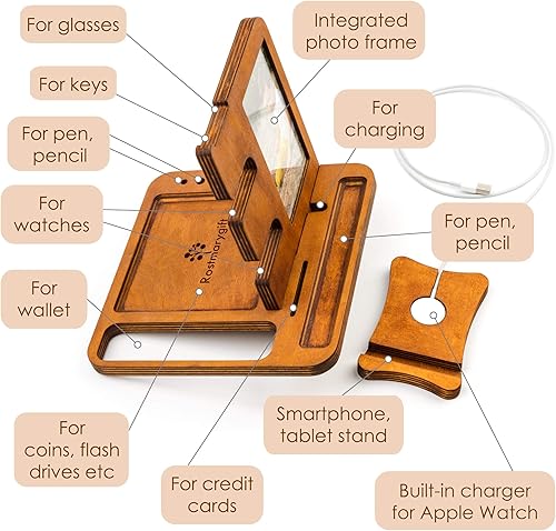 Miniatura 3 de Estación de acoplamiento de madera para teléfono, organizador de mesita de noche para hombres, soporte para reloj y tableta, soporte para reloj de