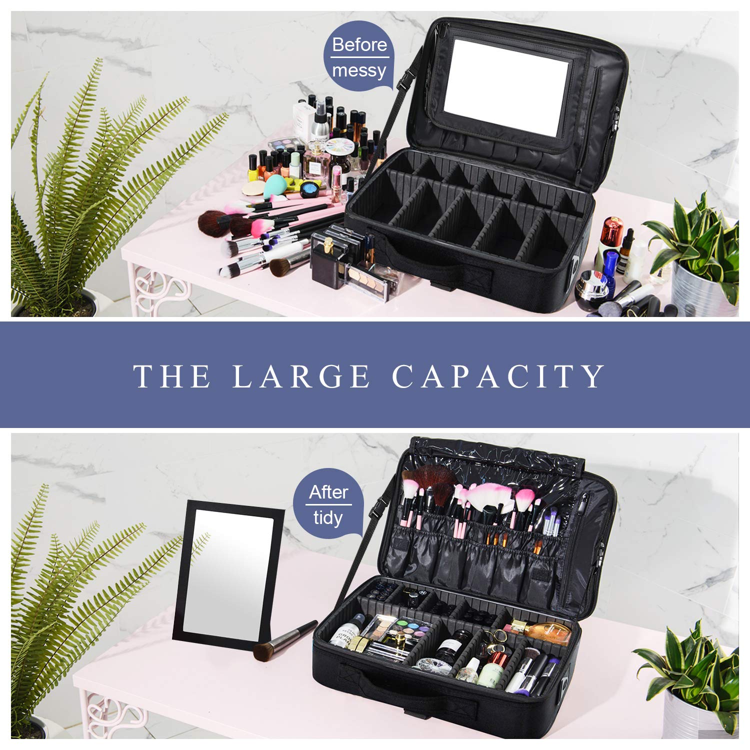 Grande borsa per il trucco, da viaggio, con scomparti regolabili, custodia per il trucco professionale, scatola per il trucco, kit per il trucco, kit per il trucco, kit per capelli con una cinghia a