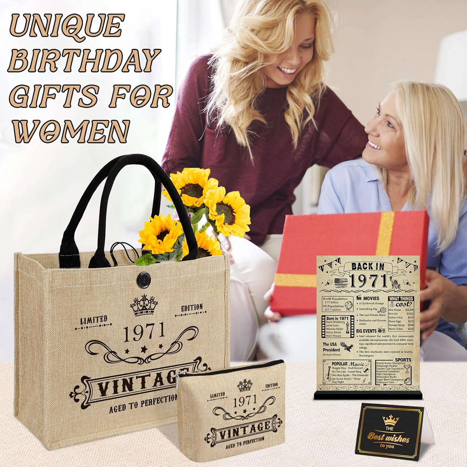 YeohJoy 55th Birthday Gifts for Women Reusable Grocery Bag, Unique 55 Years Old Gifts for Mom Wife Grandma Friends Sister Her, Vintage 1971 Bag & Cosmetic Bag & Back in 1971 Poster - Image 7
