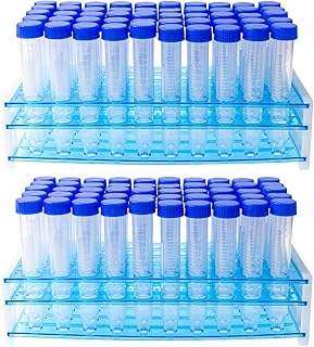 100 PCS 15ml Conical Centrifuge Tubes with 2 Test Tube Racks, Clear Plastic Test Tubes with Graduated Marks and Blue Screw Cap Graduated and Write Marks Lab Test Container
