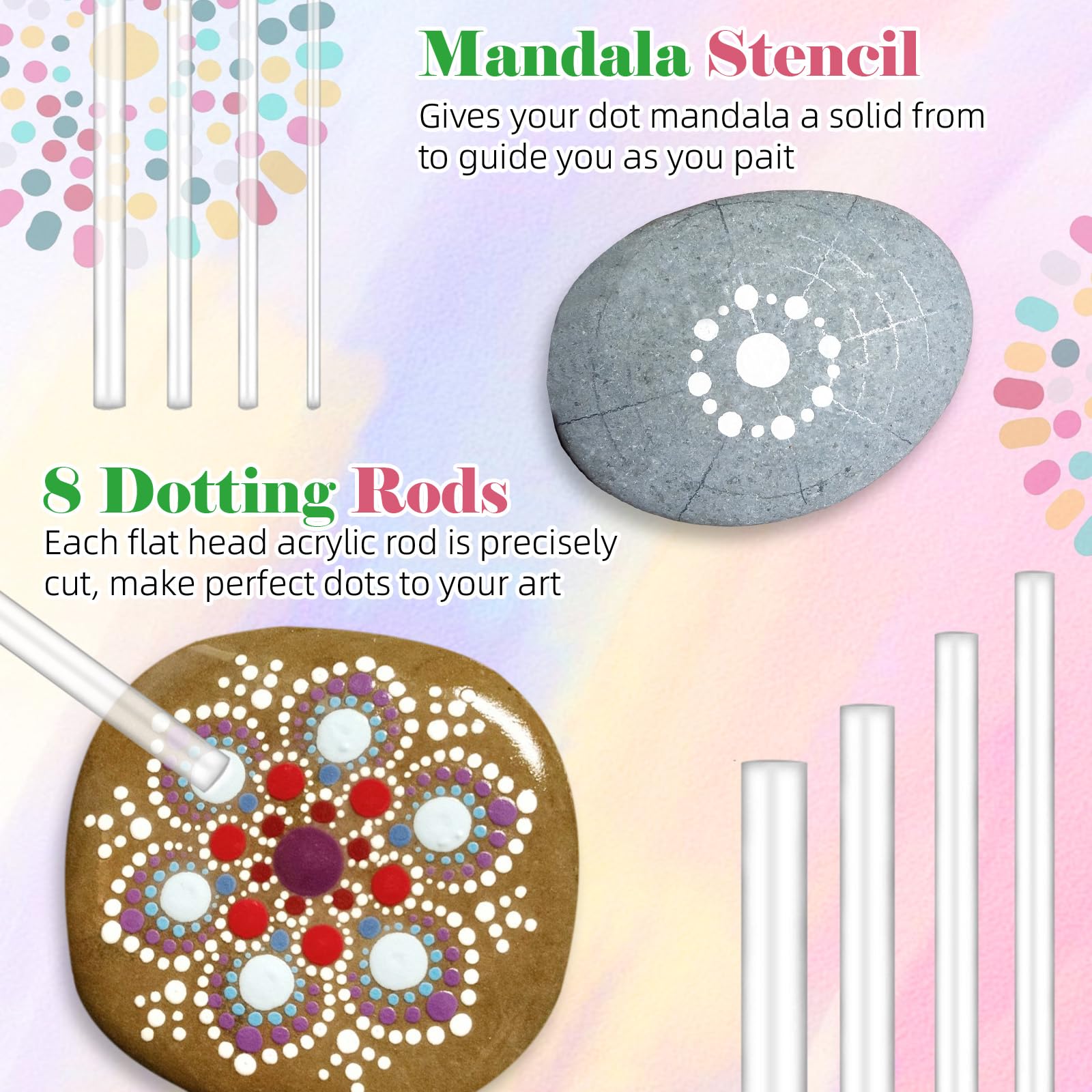 13 Pcs Mandala Dotting Tools Set For Rock Painting & Nail Art - Double-Ended Stylus & Acrylic Rods-1172186
