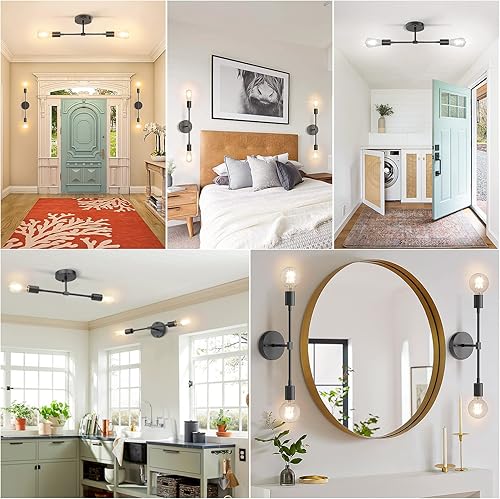 Miniatura 6 de SunRider Paquete de 2 luces de tocador de 2 luces para baño, accesorios de tocador industriales negros mate, apliques de pared de metal de mediados