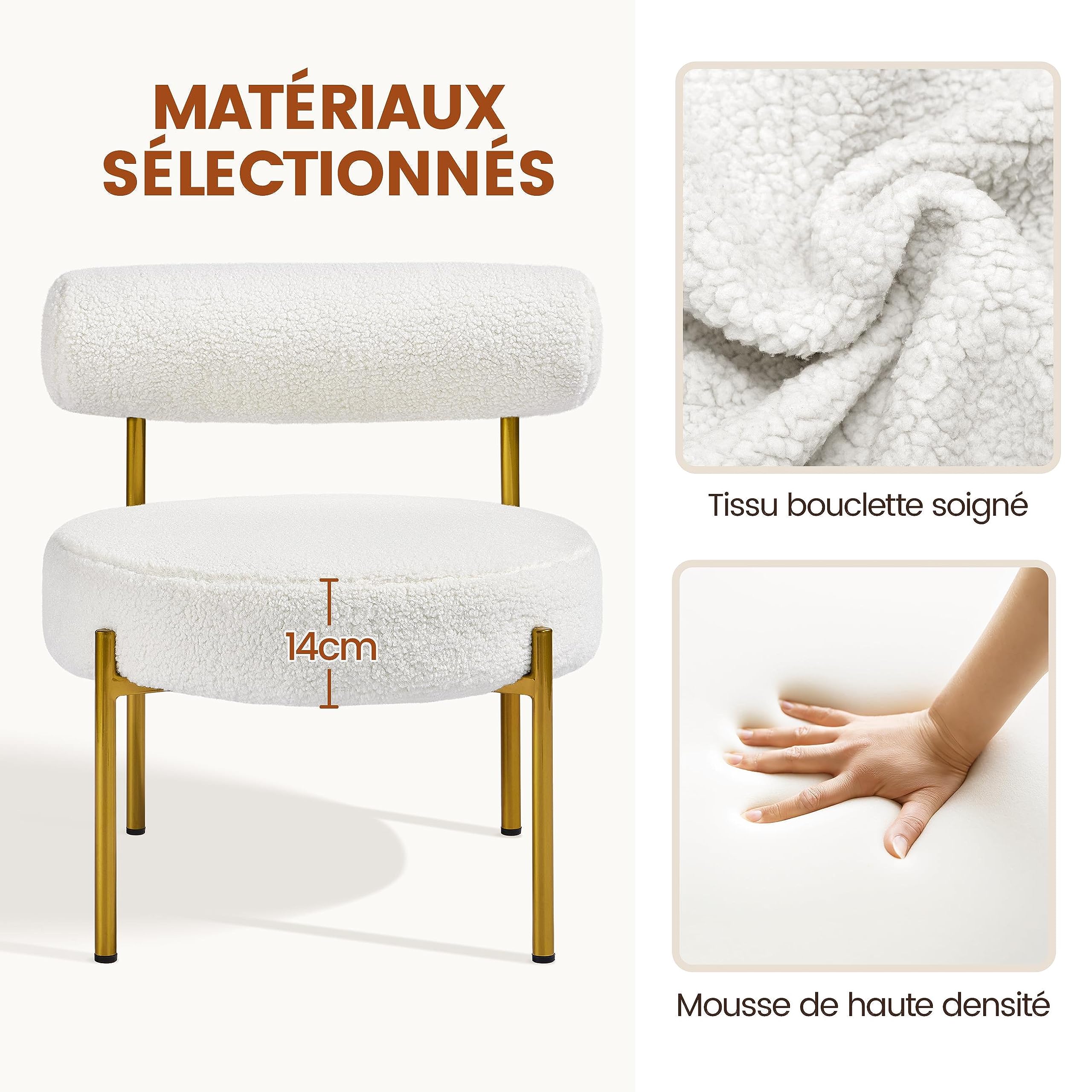 Yaheetech Fauteuil et Chaise de Relaxation de Salon Design Géométrique Élégant Doré Fauteuil d'appoint Bouclé 1/Blanc
