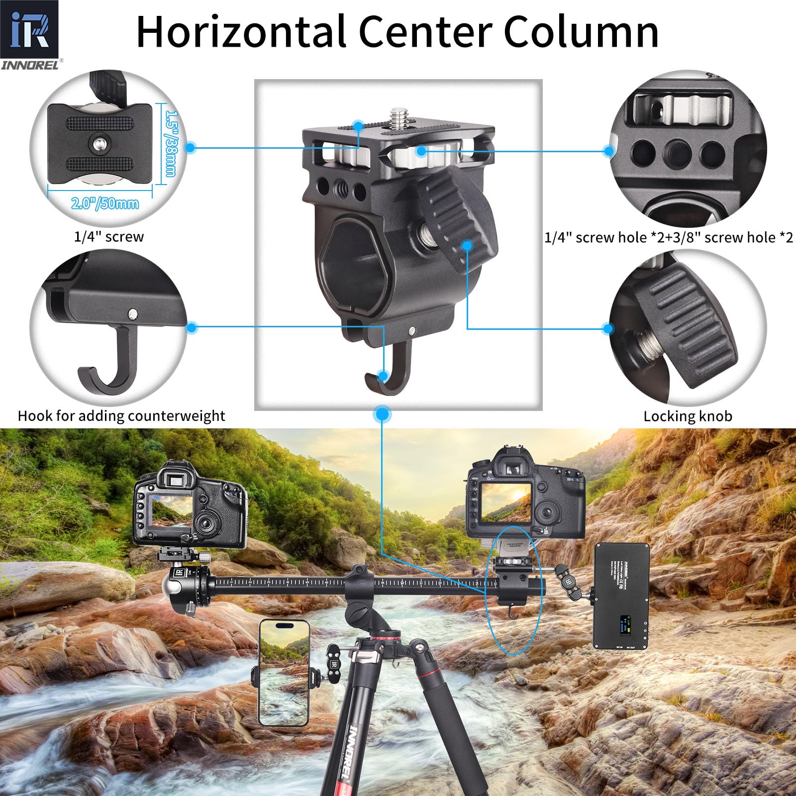 Trípode Horizontal INNOREL YT284A con Columna Central Multi-Angulo Giratoria,Tubo de 29mm Monopié Trípode Profesional para Cámara Digital DSLR Vídeo Videocámara sobre la Cabeza Carga 20kg