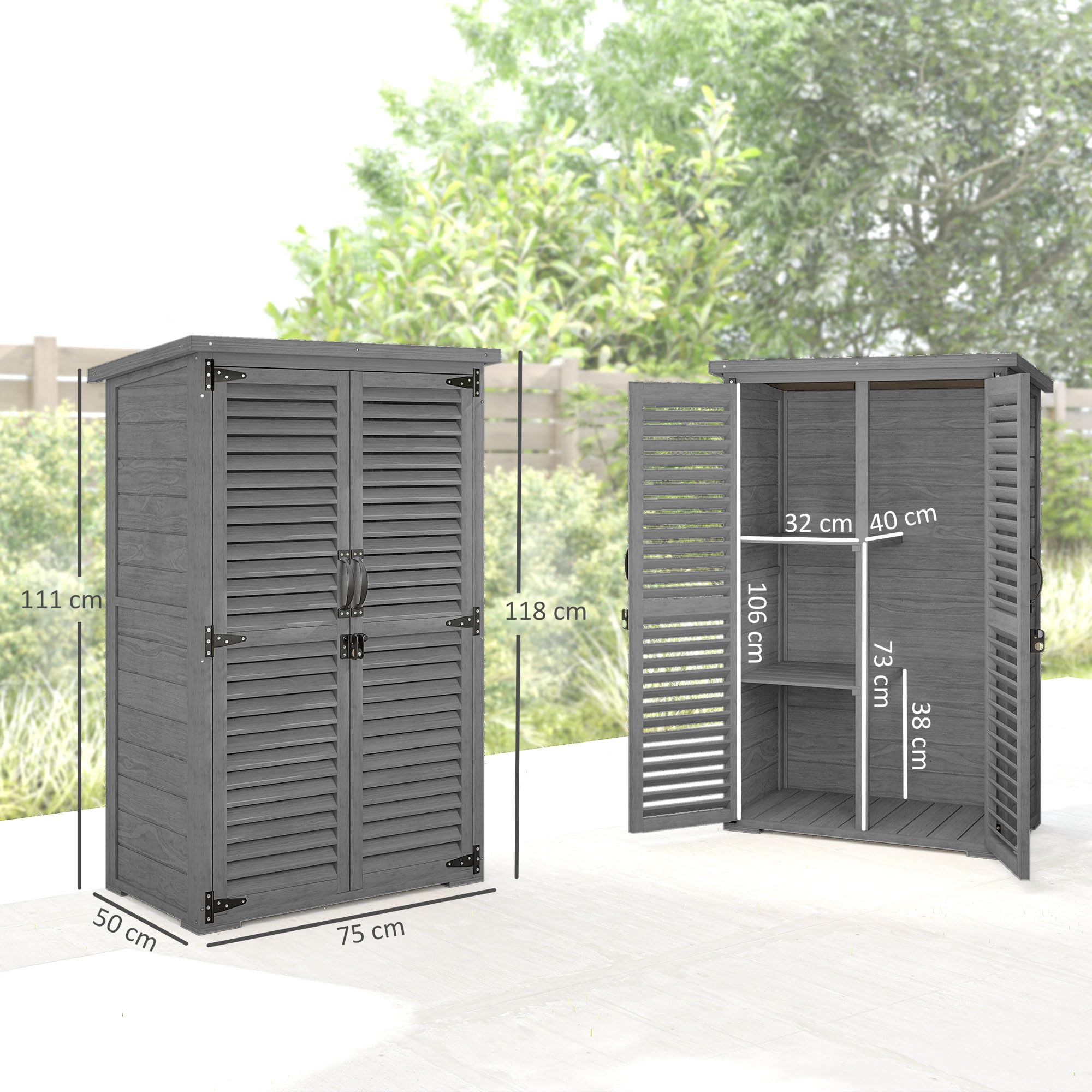 Outsunny - Armario de jardín para herramientas de madera, 2 estanterías tejado betún puertas persianas con cerradura 75 x 50 x 118 cm, color gris