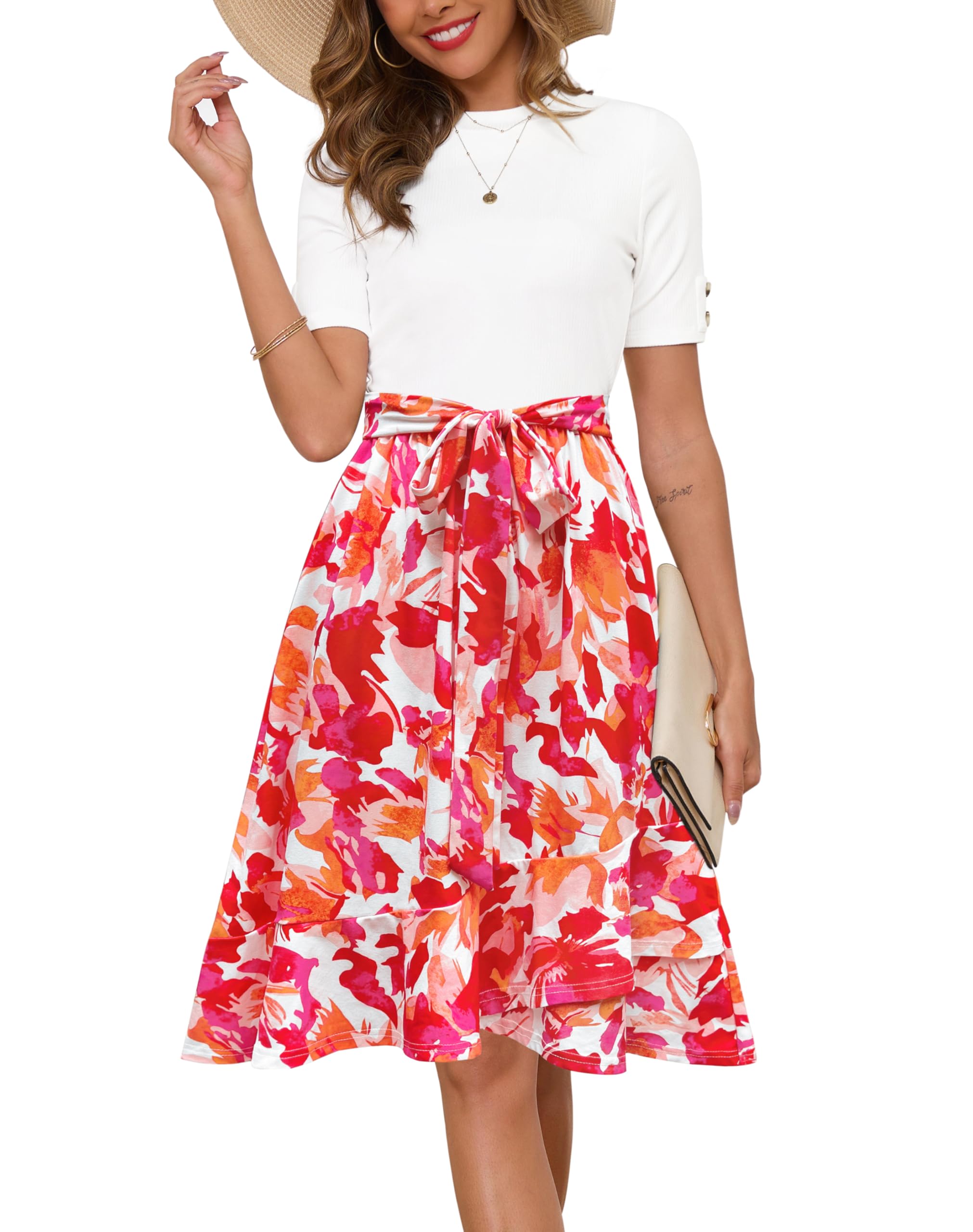 Annebouti Womens 2026 Short Sleeve Summer Spring Ribbed Modest Semi-Formal Teacher Casual Work Midi Dress with Pockets