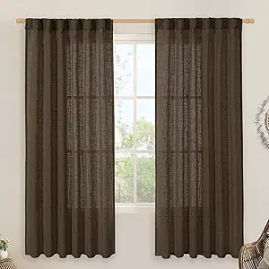 LAMIT Dark Brown 72 inch Linen Curtains for Living Room 2 Panels, Linen Textured Light Filtering Semi Sheer Back Tab and Rod Pocket Farmhouse Curtain Panels for Bedroom/Farmhouse, 52 x 72 Inch