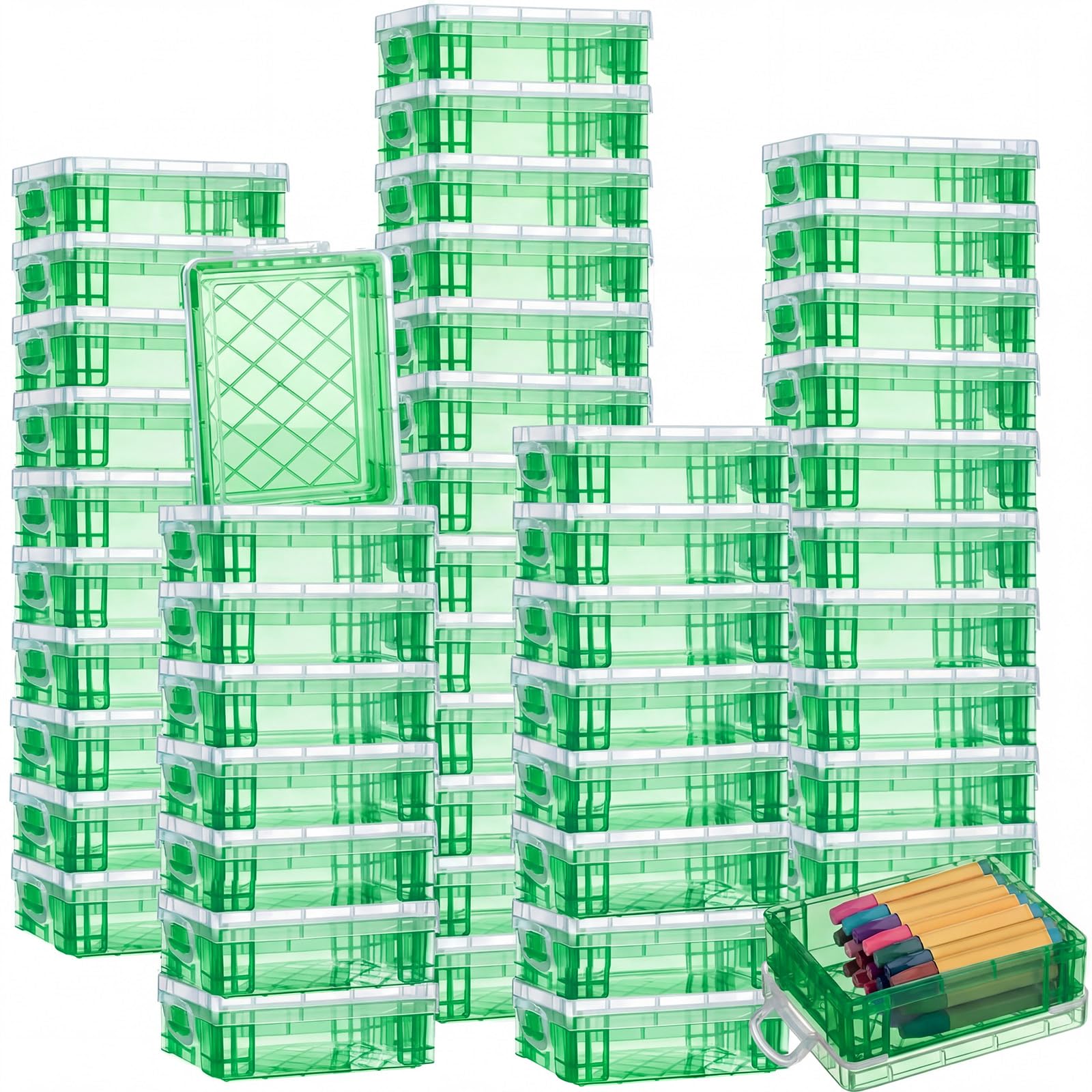 Suzile 50 scatole in plastica per pastelli con coperchio, 12 x 8,6 x 4,1 cm, contenitori per pastelli, per ufficio, scuola, scuola, penne, matite, artigianato artistico (verde)