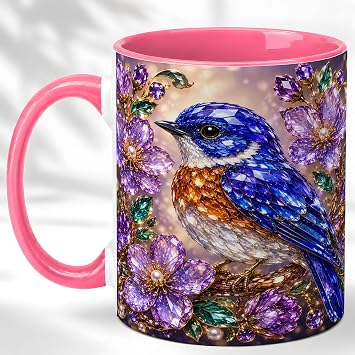 Bluebird Coffee Mug, Purple Floral Songbird Mug, Ceramic 11 oz | Crystal-look bluebird with purple blossoms for coffee, tea or cocoa, adding cozy garden charm to a home or desk.