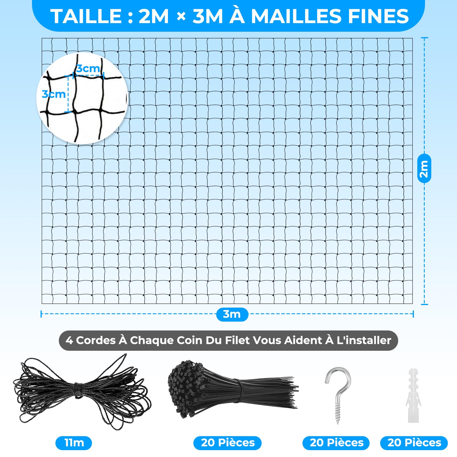 Filet de Balcon renforcé de Fil d'acier, Filet de Protection Chat, aux déchirures,Résistant aux UV et aux intempéries, pour Sécuriser Les Balcons, Terrasses, Fenêtres (2x3m)