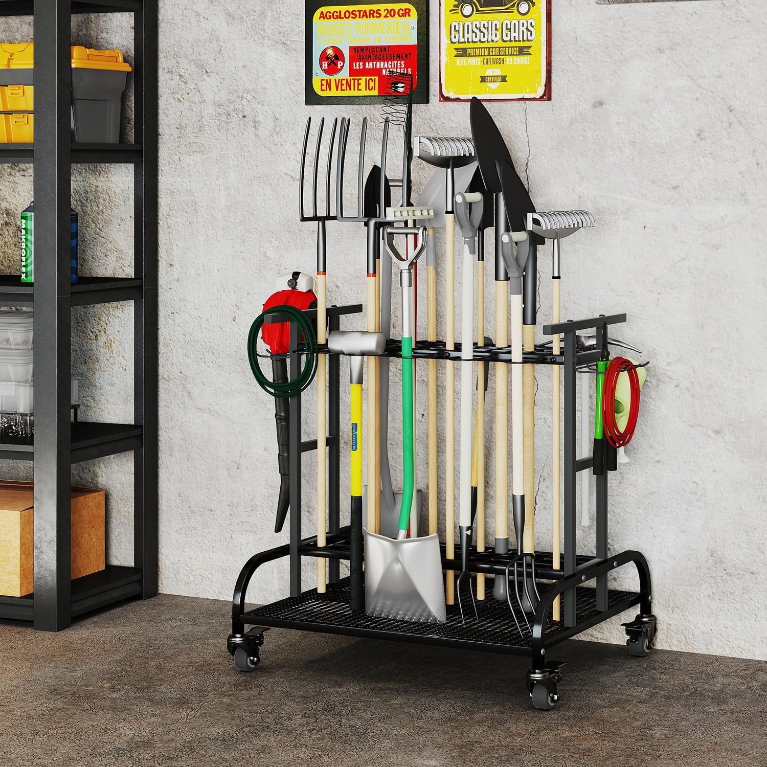 Gartengeräte Aufbewahrungsregal Gartengerätehalter Metall Gartengeräteständer mit Rollen Haken, bis zu 60 Werkzeuge, Mehrzweck Gerätehalter Organizer für Garage, Gärten, Hof, Schuppen