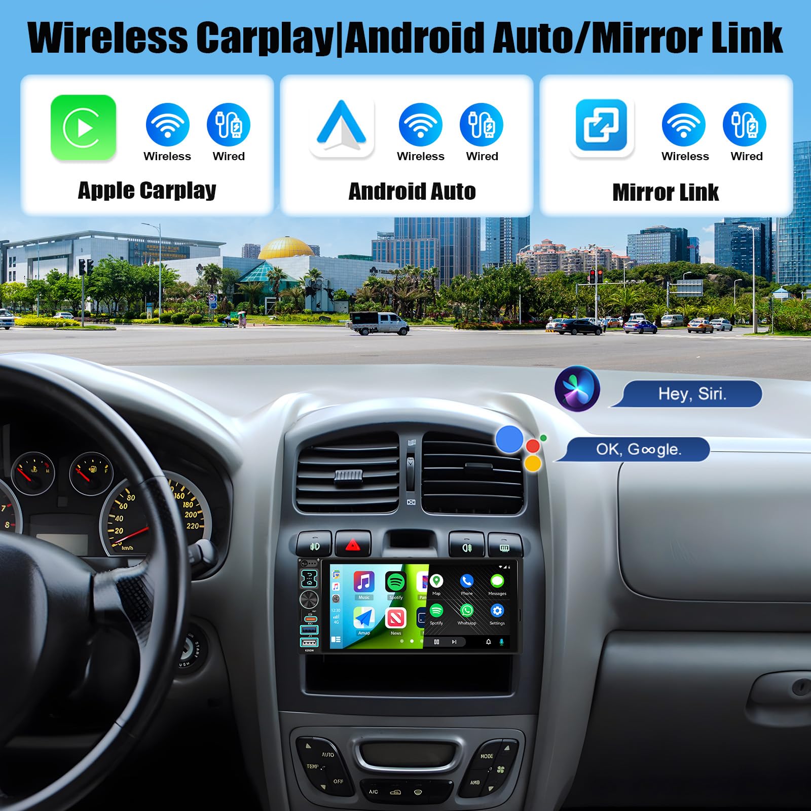 CAMECHO Autoradio 1 Din Wireless Carplay Android Auto Bluetooth 5.2 Radio con Schermo IPS Touchscreen HD da 6.8 Pollici con Mirror Link Comando al Volante + Connettori per Schede USB Type-c