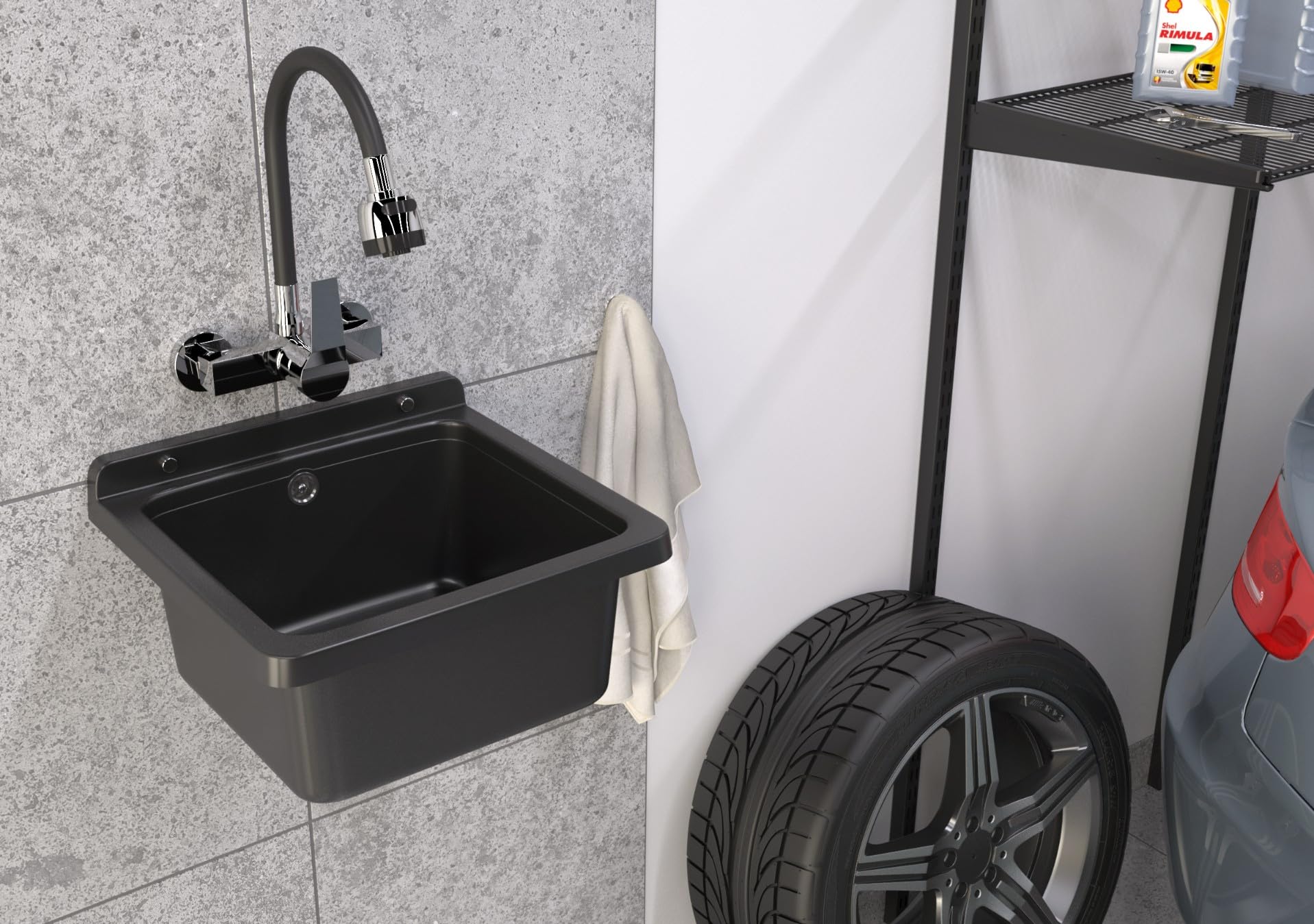 Granitan Lavabo universel pour garage, cave, atelier et buanderie, avec siphon, lavabo mural pour installation intérieure et extérieure, 40 x 38 x 22,8 cm, noir