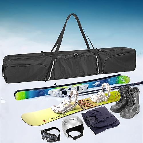 Miniatura 7 de DSLEAF Bolsa de esquí con capacidad para una tabla o un par de esquís, bolsa de snowboard para viajes aéreos con bolsillos con cremallera para