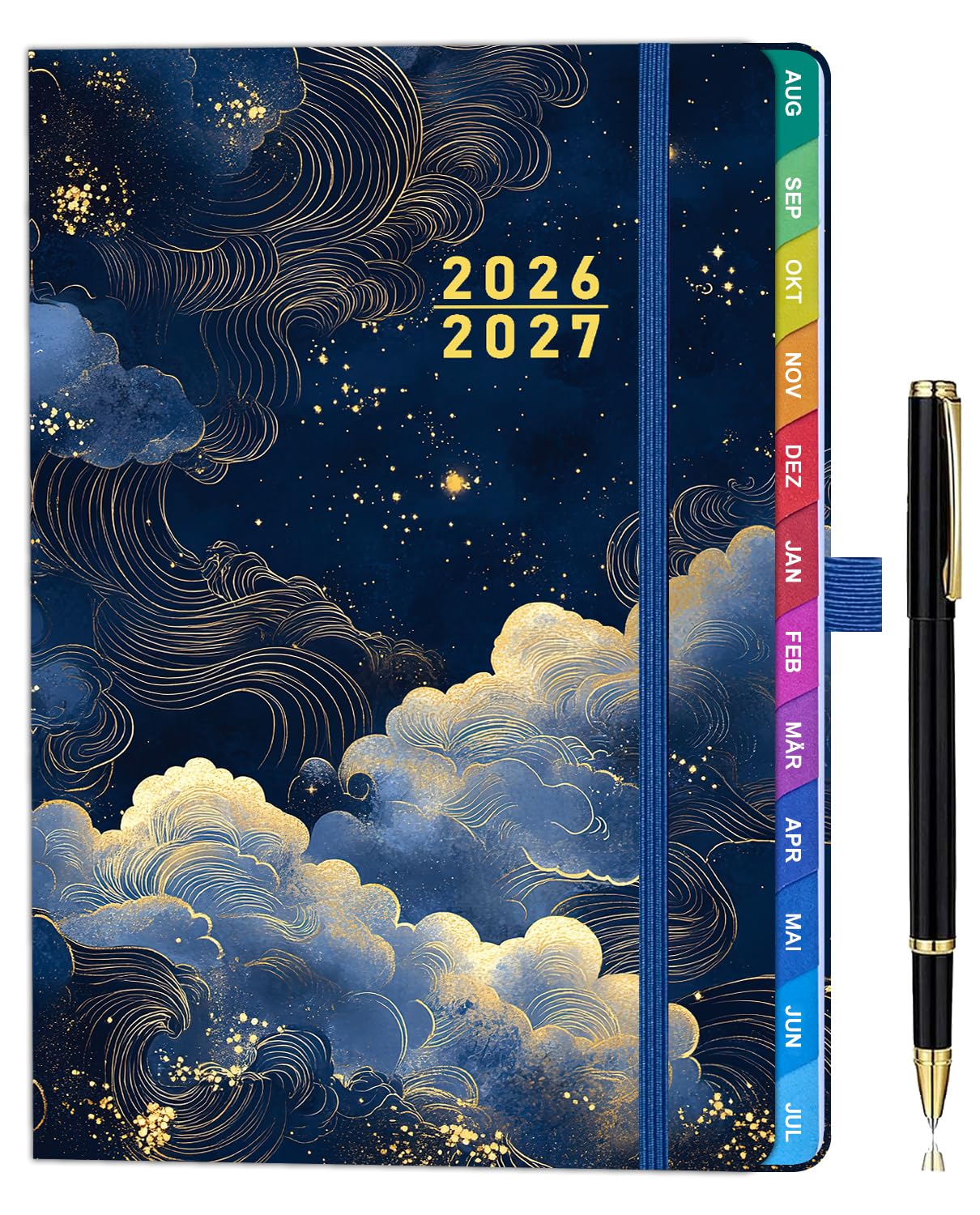 ZXHQ Lehrerplaner 2026–2027 A5+, Praktischer Lehrerkalender mit Monatsübersicht, Farbig Gestaltete Seiten, Hardcover, Mit Innentasche, Goldener Nachthimmel