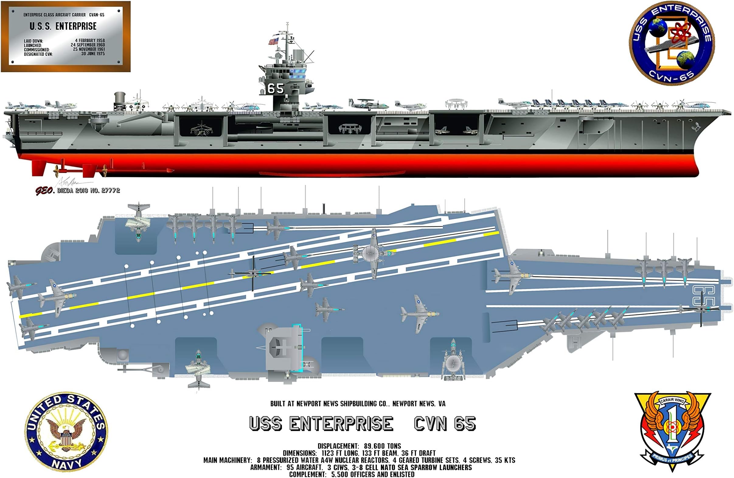 USS Enterprise CVN 65 Flight Deck Profile Data Print, configured for Circa 2007