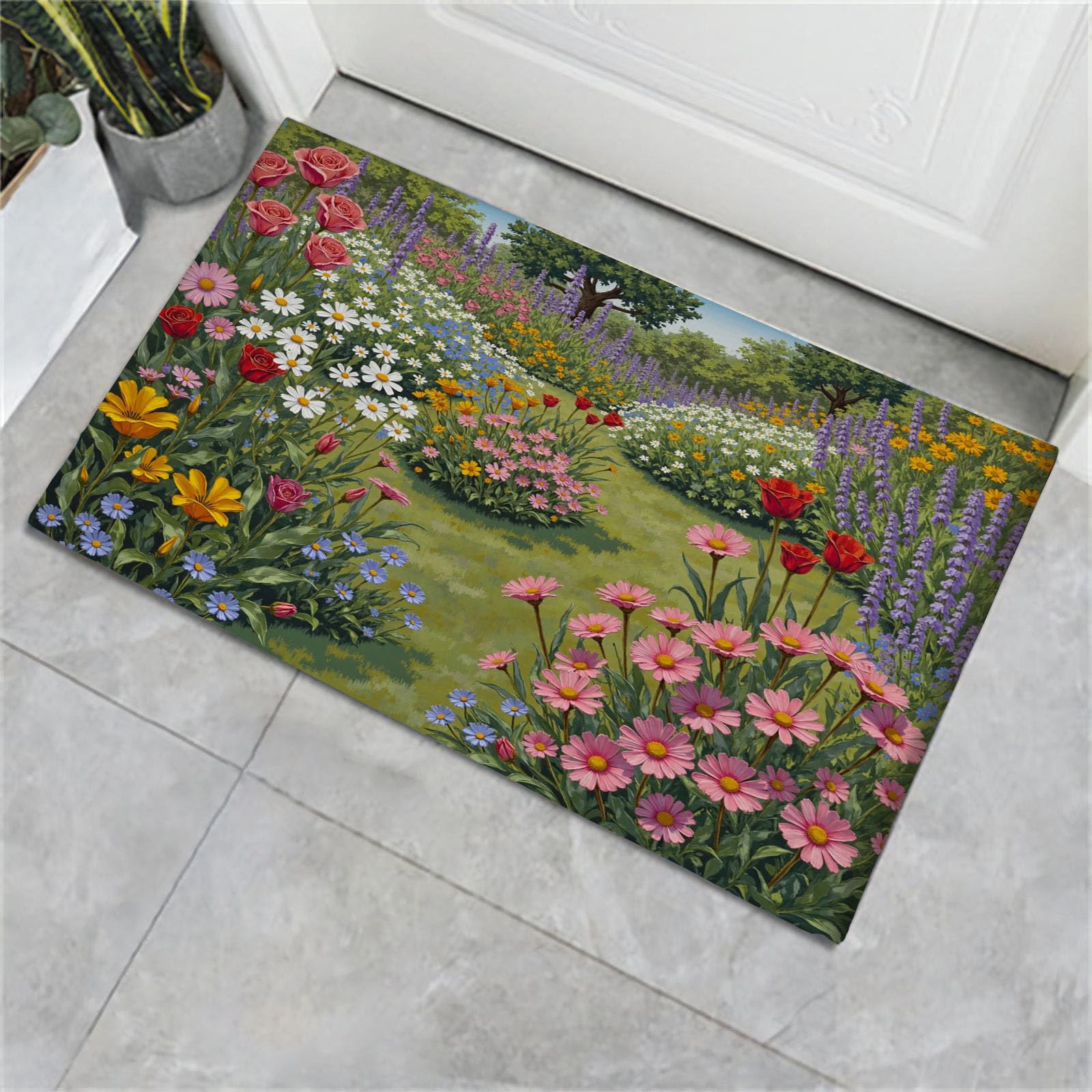 Paillasson lavable antidérapant vert 60x90cm résistant pour entrée cuisine et bain à fleurs