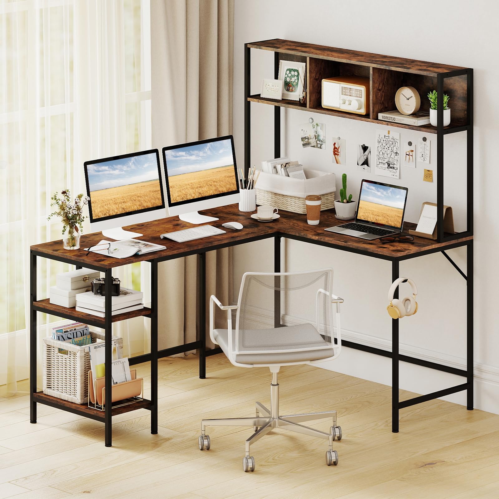COSTWAY Scrivania a Forma di L con Libreria, Ripiani e Gancio per Cuffie, Scrivania Angolare in Legno con Robusto Telaio in Metallo, Scrittoio per Computer per Soggiorno, Studio e Ufficio (Marrone)