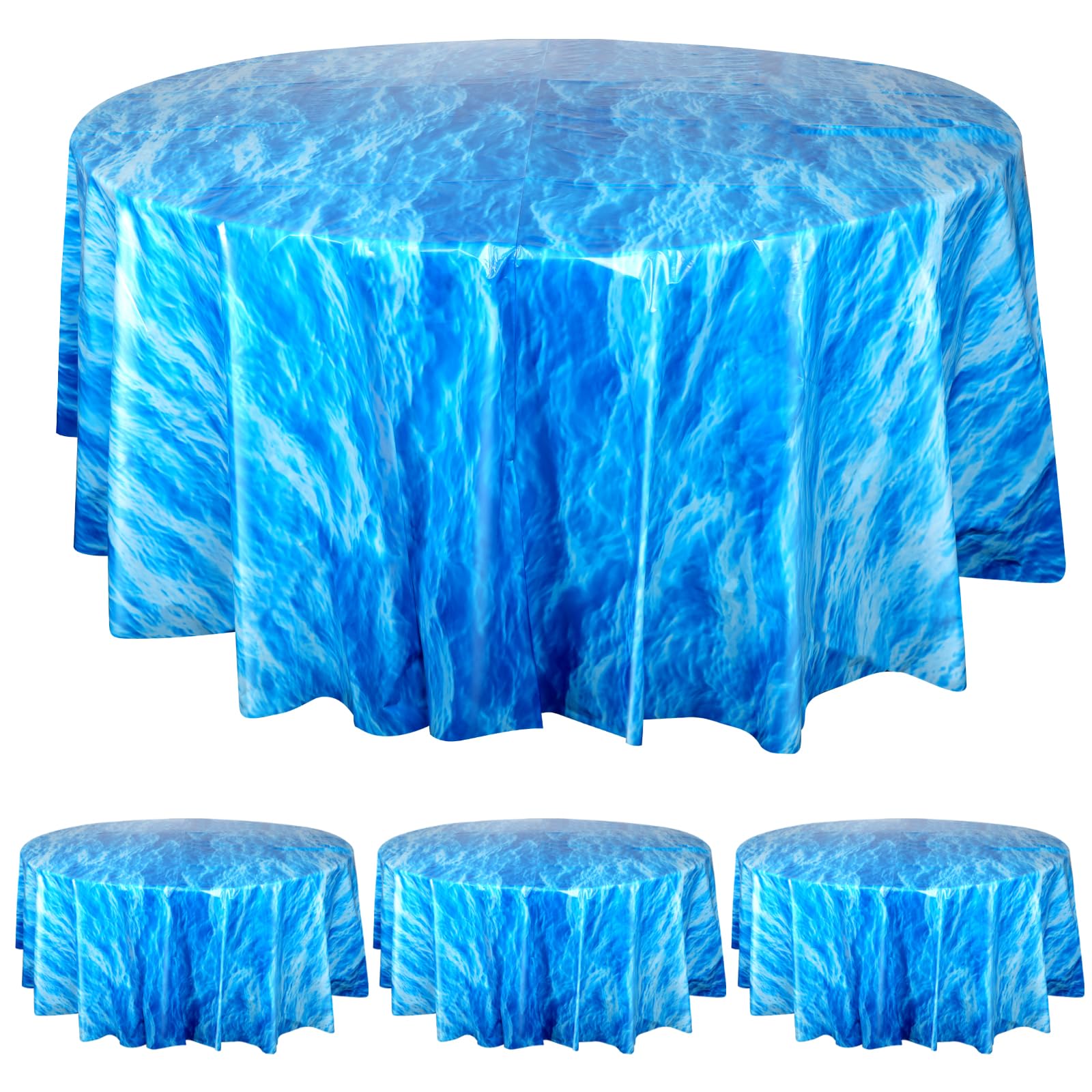 Hallswl 3 Pcs Round Ocean Waves Tablecloths Disposable Plastic Ocean Blue Table Cloth Round Table Covers for Under The Sea Beach Surf Ocean Pool Party