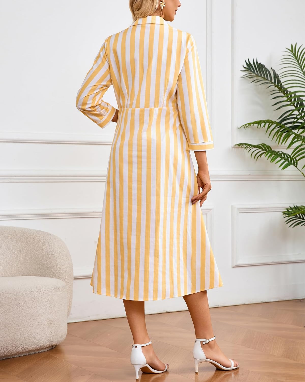 Women's Striped Button Down Maxi Dress Casual 3/4 Sleeve Long Swing Beach Vacation Shirt Dress - Image 3