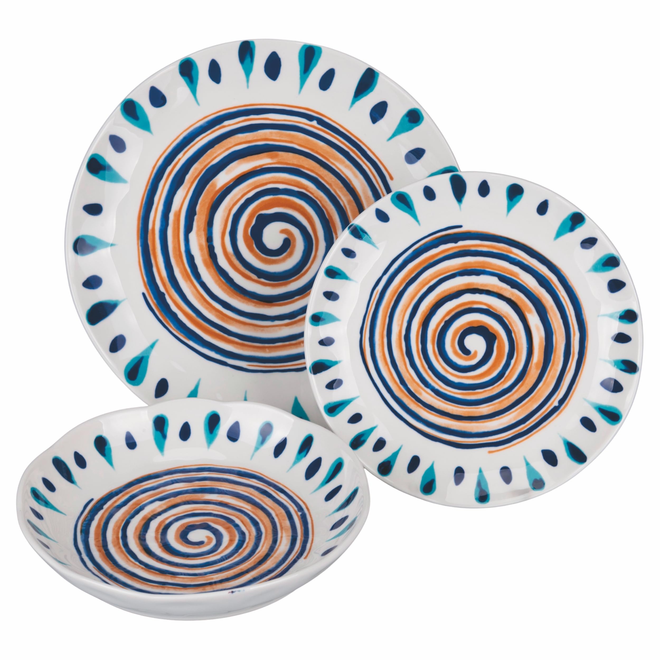 Servizio piatti 18 pezzi in ceramica, 6 posti tavola in 3 diversi decori, Sahara