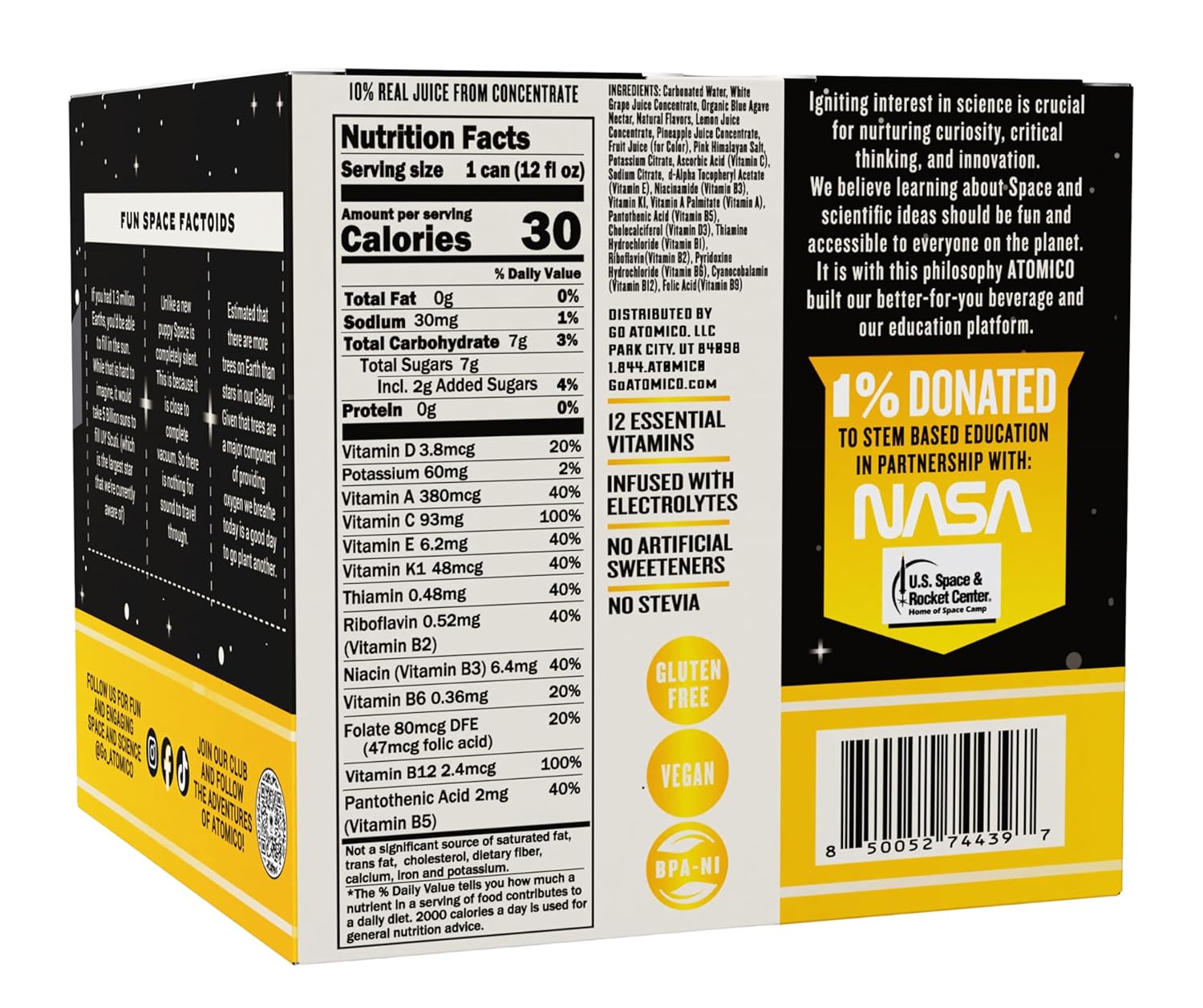 ATOMICO Pineapple Cosmic Coconut Sparkling Water,12 Essential Vitamins, W/Real Juice Infused With Electrolytes 12PK