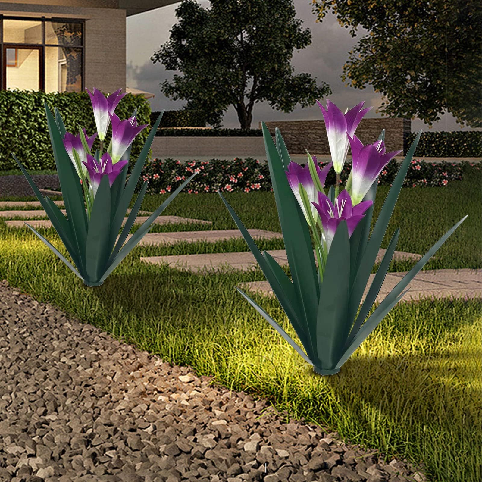 Homight Metal Agave Plant Outdoor Decoration Outdoor Garden Decoration Lily Mexican Yard Art Plant Garden Agave Lily Decorative Garden Gift… (2 Big Purple Lilies)
