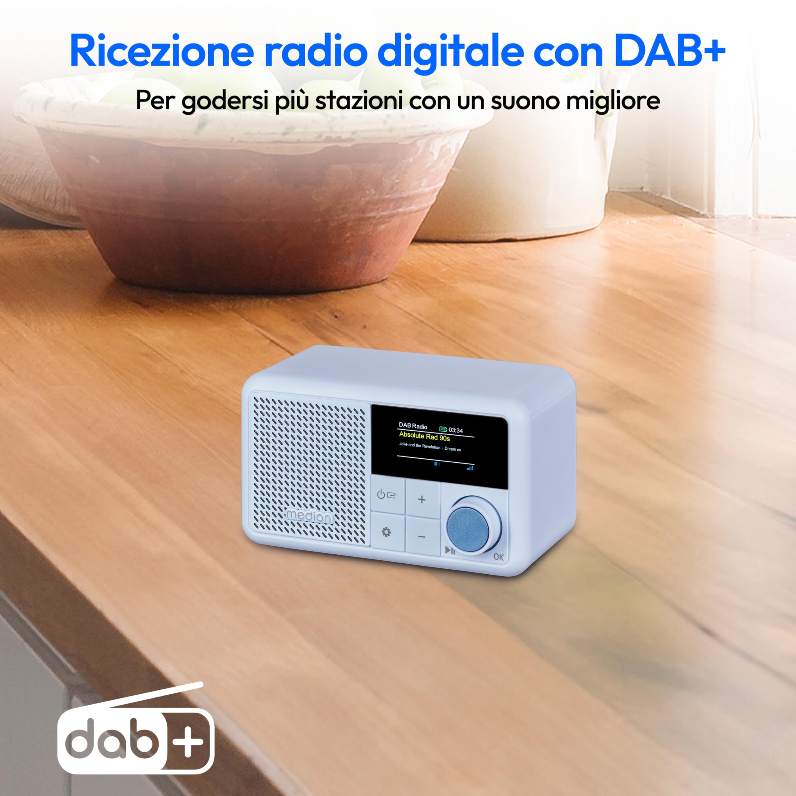 MEDION S66822 Mini radio DAB+ portatile con Bluetooth (batteria ricaricabile, display a colori oscurabile, antenna telescopica, sleep timer, sveglia, snooze, AUX, USB-C) blu