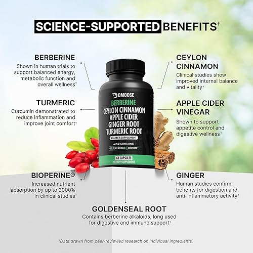 Vista 3 de Berberina HCL 1400 mg con canela de Ceilán para apoyar la digestión y el metabolismo - Suplemento de berberina 7 en 1, canela de Ceilán, biopreno