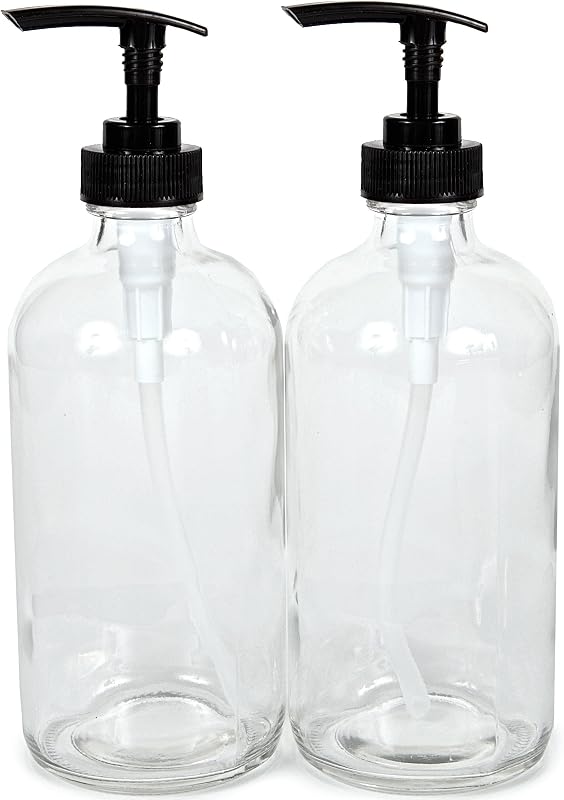 Vivaplex Frascos de vidro transparente com bombas para loção pretas, 473 mL, pacote com 2