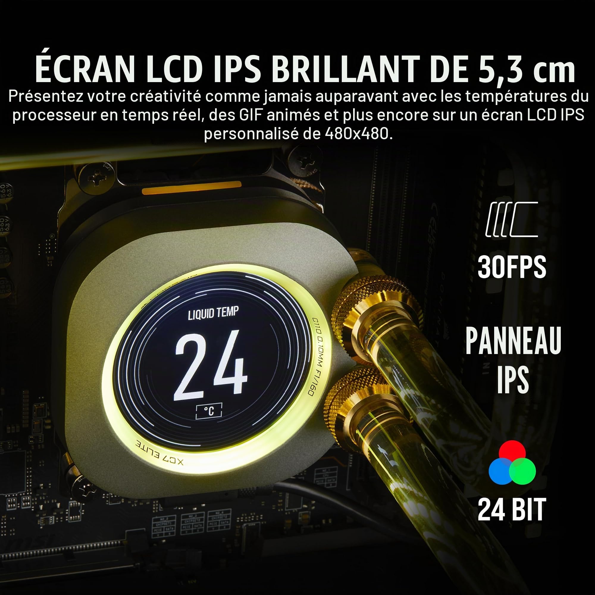 CORSAIR XC7 RGB ELITE LCD Waterblock pour Processeur - Écran LCD 480x480-31 LED RGB - USB-C - Compatible avec Intel LGA 1700, AMD AM5 et plus - Gris Furtif