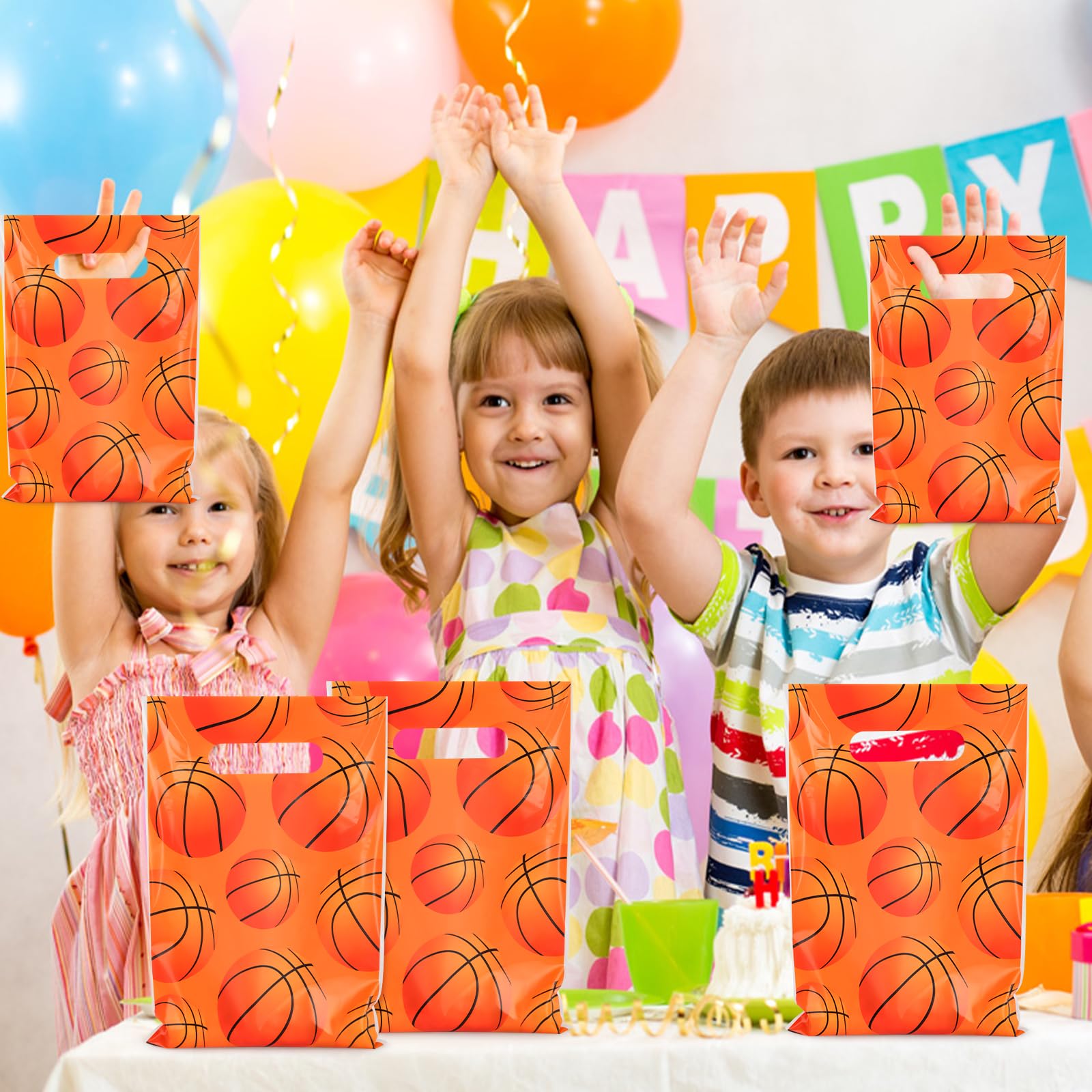 Hooqict 50PCS Basketball Gift Bags with Handle Basketball Party Favor Bags Snack Goodie Treat Candy Bag for Kids Boys Men Sport Themed Birthday Party Supplies (9.8 x 6.7 Inch)