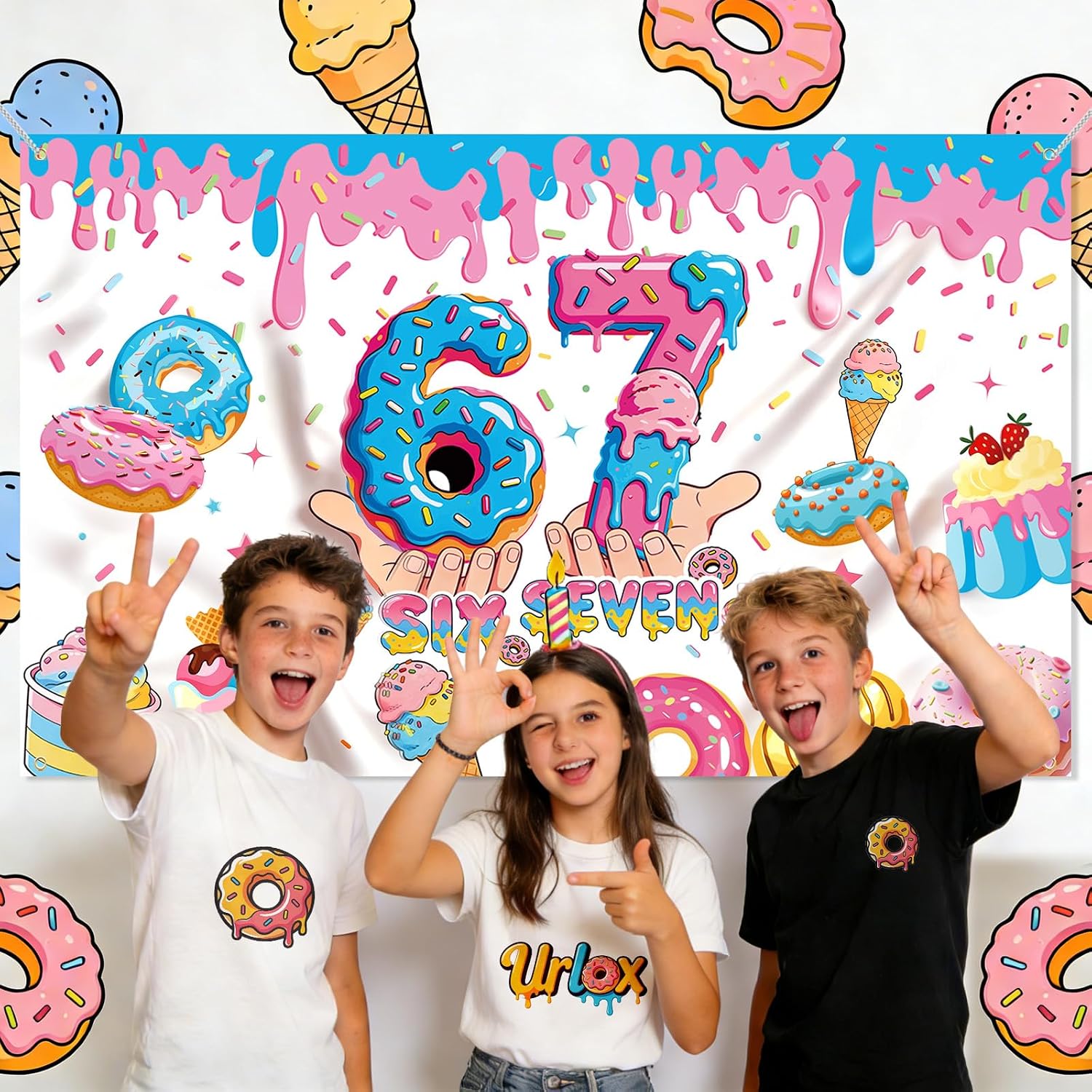 6 7 Birthday Decorations Funny Meme Donut Theme Happy Birthday Backdrop Blue and Pink Party Photo Booth Background for Birthday Party Photography 6 x 3.6 ft Fabric