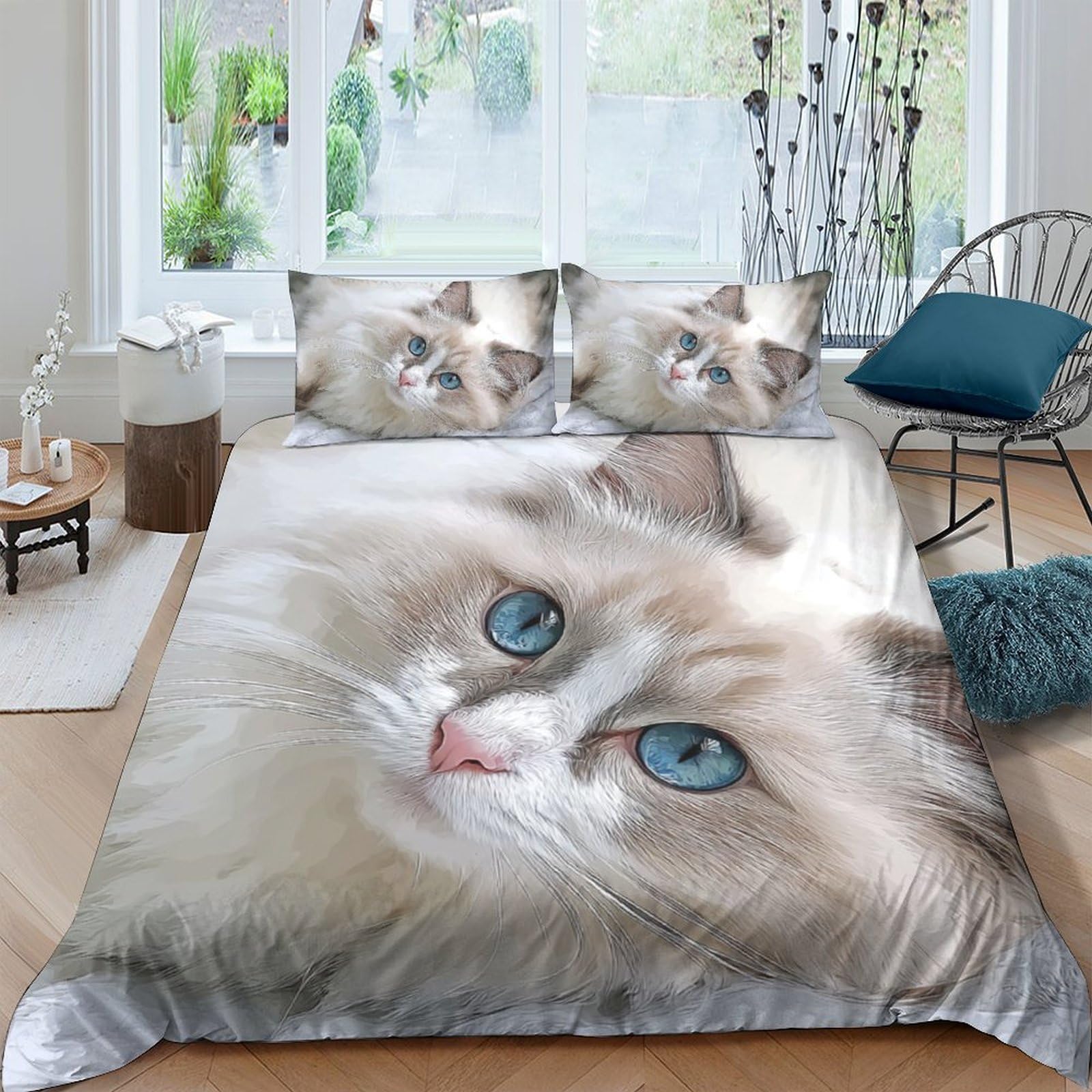 Ctjqhvkz Style-4 3D Printed Blue Eyed Cat Fitted Sheet Microfiber Soft Mattress Cover For Bedroom Guest Room Decor Washable Single（135X200cm）