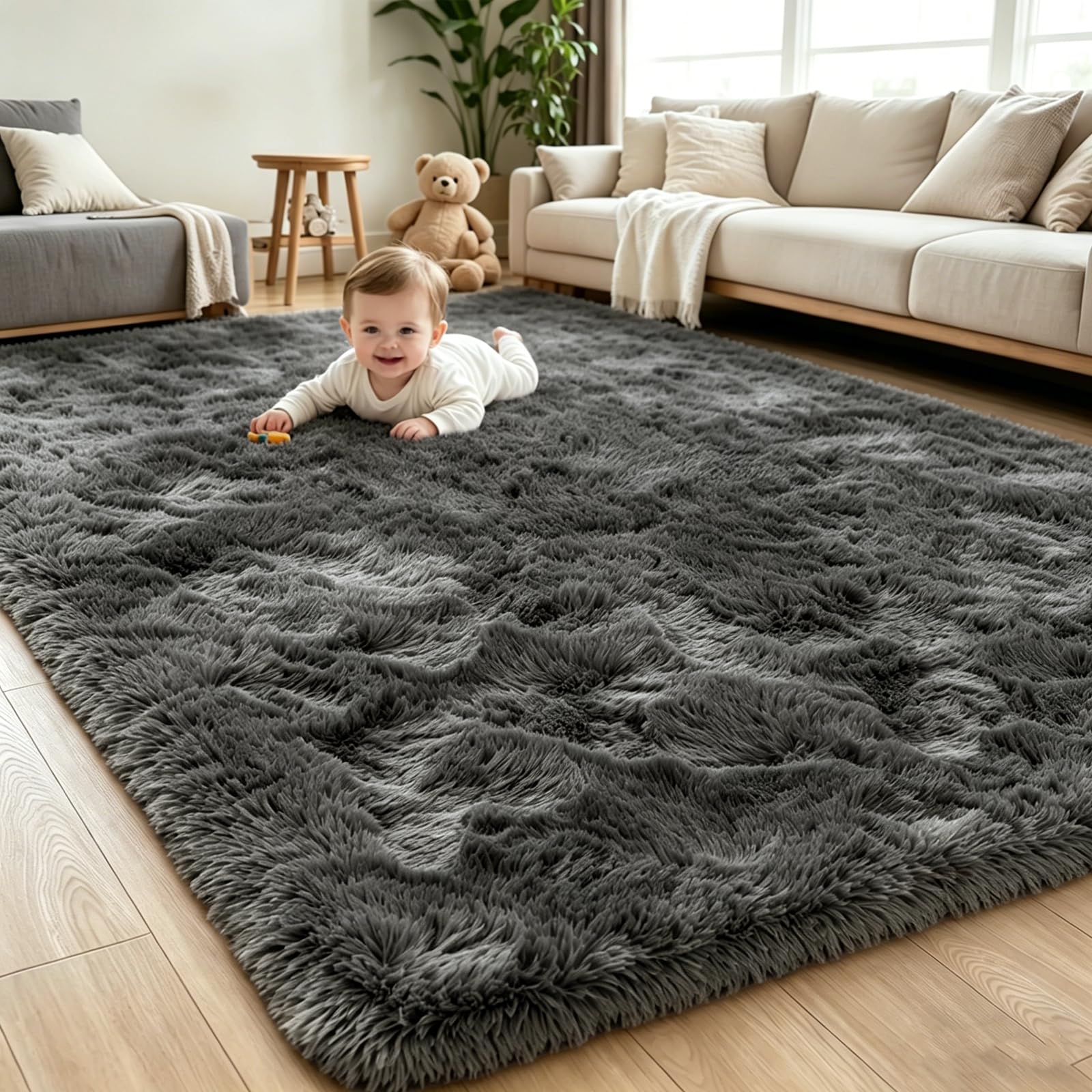 Luoven Ultra Fluffy Rugs Living Room, Large Non-Slip Carpet, Machine Washable Soft Shaggy Thick Pile Bedroom Rug for Bedside, Nursery - Dark Grey, 200 x 300 cm