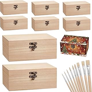 Reginary 8 Pcs Unfinished Wooden Box for Crafts Unpainted Wood Box with Hinged Lid Front Clasps Plain Jewelry Photo 6.7 x 5.1 x 3.2 In for DIY Christmas Make Your Own Gift Keepsake Storage